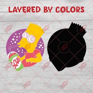 May include: A cartoon illustration of Bart Simpson from The Simpsons, with a dazed expression, drinking a purple and green slushie. The background is a purple circle with white stars.