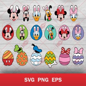May include: A collection of colorful Easter-themed graphics featuring beloved Disney characters like Mickey Mouse, Minnie Mouse, Donald Duck, and Goofy. The designs include character faces and Easter eggs with bunny ears. The bottom of the image displays the text "SVG PNG EPS".