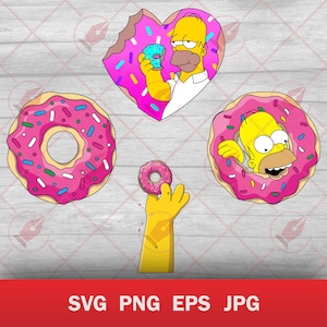 Könnte beinhalten: Eine Sammlung von Cartoon-Donuts und Homer-Simpson-Illustrationen. Die Donuts sind rosa mit Streuseln, und Homer ist in verschiedenen Posen zu sehen, darunter beim Halten eines Donuts. Das Bild enthält den Text "SVG PNG EPS JPG".