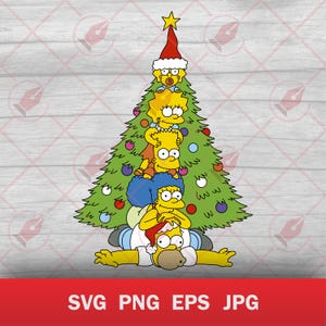 Puede incluir: Un gráfico navideño con la familia Simpson dispuesta como un árbol de Navidad. Homer está en la base, con Marge, Bart, Lisa y Maggie apilados encima. El árbol está decorado con adornos y una estrella. La imagen incluye el texto "SVG PNG EPS JPG".