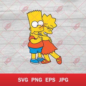May include: A yellow cartoon character with spiky yellow hair is hugging a yellow cartoon character with long blonde hair. Both characters are smiling. The background is a light wood pattern.