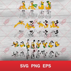 May include: A collection of Pluto and Mickey Mouse cartoon character illustrations in various poses. The images are in yellow, black, and white, with some featuring Mickey Mouse. The bottom of the image has the text "SVG PNG EPS".