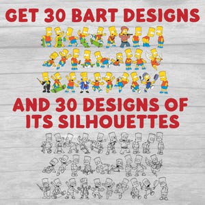May include: A digital download of 30 Bart Simpson designs and 30 silhouette designs. The designs feature Bart in various poses, including skateboarding, playing the saxophone, and wearing a graduation cap. The designs are in yellow and black.