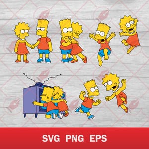 May include: A set of eight yellow cartoon characters with black hair. The characters are in various poses, including standing, hugging, and jumping. The characters are all wearing red shirts and blue trousers.