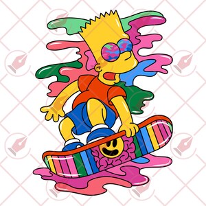 May include: A cartoon character with yellow skin and spiky blond hair is riding a colorful snowboard. The character is wearing blue shorts, a red shirt, and sunglasses with a camouflage pattern. The snowboard has a rainbow design and a smiley face with a brain pattern.