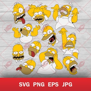 Puede incluir: Una colección de caras de dibujos animados de Homer Simpson con diversas expresiones, incluyendo sorpresa y enfado. Las imágenes son en amarillo, blanco y marrón. La parte inferior de la imagen tiene el texto "SVG PNG EPS JPG".