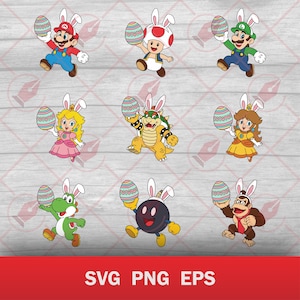 Mario Bros Easter Characters Bundle | Bunny Ears & Easter Egg SVG PNG EPS