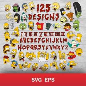 May include: A collection of 125 cartoon character designs, including various faces and expressions. The word "DESIGNS" and the numbers and letters are in a dripping red font. The bottom of the image has the text "SVG EPS".