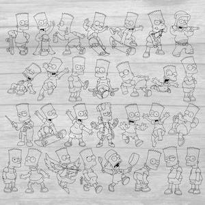 May include: A collection of 30 black and white line drawings of Bart Simpson in various poses. Bart is shown skateboarding, playing music, and doing other activities.