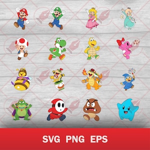 Puede incluir: Una colección de personajes de dibujos animados coloridos de la serie de videojuegos Super Mario. Los personajes incluyen a Mario, Luigi, la Princesa Peach, Toad, Yoshi y otros. El texto "SVG PNG EPS" también está presente.