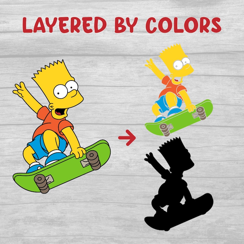 May include: A yellow cartoon character skateboarding. The character is wearing a red shirt, blue shorts, and yellow shoes. The skateboard is green with black wheels. The image is layered by colors, with the character and skateboard in the foreground and a black silhouette of the character in the background.