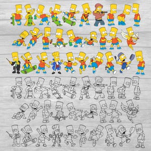May include: A set of 50 black and white and yellow and black digital clipart images of Bart Simpson in various poses. Bart is wearing a yellow shirt, blue shorts, and red shoes. He is holding a skateboard, a frying pan, a wand, and other items.