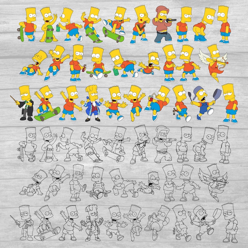 May include: A set of 50 black and white and yellow and black digital clipart images of Bart Simpson in various poses. Bart is wearing a yellow shirt, blue shorts, and red shoes. He is holding a skateboard, a frying pan, a wand, and other items.