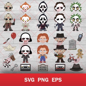 May include: A collection of digital illustrations featuring chibi-style horror movie characters and related icons, including Jason Voorhees, Pennywise, Ghostface, Michael Myers, Beetlejuice, Chucky, and Freddy Krueger, with text elements like Myers House.
