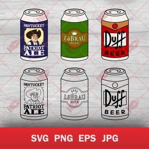 Pode incluir: Seis designs de latas de cerveja. Três latas são coloridas, com rótulos "Patriot Ale", "Löbrau Beer" e "Duff Beer". As outras três são contornos das mesmas latas. A parte inferior da imagem tem o texto "SVG PNG EPS JPG".