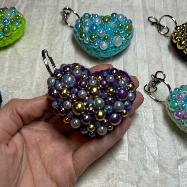 Crochet Heart Keychain with Pearls & Rhinestones