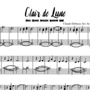 May include: Sheet music for "Clair de Lune" by Claude Debussy, arranged by Kimberly Steele. The black and white musical score features treble and bass clef notation, with dynamic markings like "pp" and tempo indications. The title is written in elegant script.