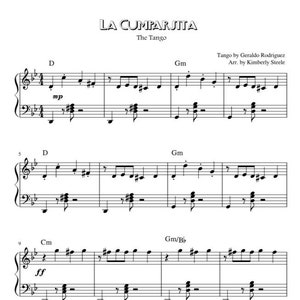 Puede incluir: Partitura musical para el tango "La Cumparsita" de Geraldo Rodríguez, arreglada por Kimberly Steele. La música está escrita en notación estándar con una clave de sol y una clave de fa.