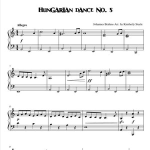 以下が含まれることがあります： ヨハネス・ブラームス作曲、キンバリー・スティール編曲の「ハンガリー舞曲第5番」の楽譜。 音楽は白紙に黒インクで書かれており、ト音記号とヘ音記号、音符、および「f」や「ff」などのダイナミックマークを含む楽譜表記がされています。