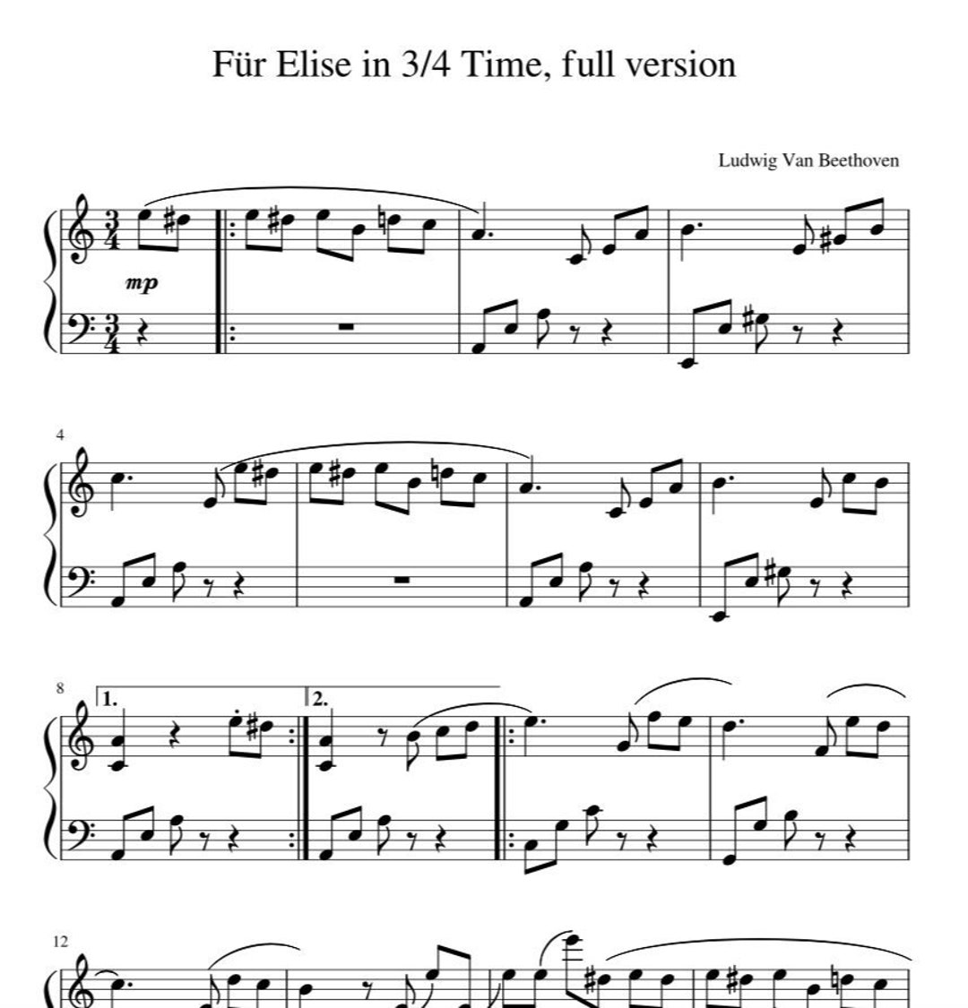 Für Elise by Beethoven Transcribed in 3 4 Time Level 6 Sheet Music PDF
