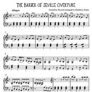 Pode incluir: Partitura da abertura de O Barbeiro de Sevilha de Gioachino Rossini, arranjada por Kimberly Steele. A música é escrita na clave de sol e em compasso de 4/4. O título da peça é escrito no topo da página em letras grandes e em negrito. O nome do compositor é escrito abaixo do título em letras menores. O nome do arranjador é escrito abaixo do nome do compositor em letras ainda menores. A palavra "Allegro" é escrita no início da primeira linha de música.