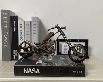 Handmade Iron Motorcycle Sculpture: Rustic Steampunk Desk Art