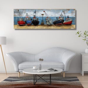 3D Metal Beach Fishing Boat Painting, Sailboat Metal Wall Art, Custom Wood Wall Art, Original Frame Painting, Home and Office Decor