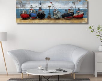 3D-schilderij metalen vissersboot: handgemaakte houten ingelijste muurkunst