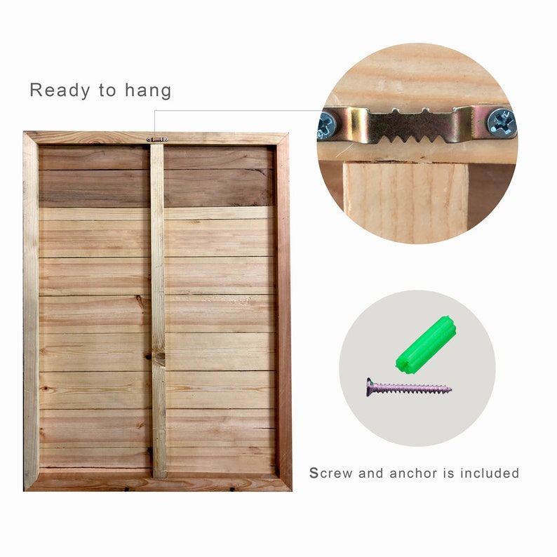 Peut inclure: L'arri&egrave;re d'une enseigne en bois avec un crochet en dents de scie et une vis et une cheville incluses. Pr&ecirc;t &agrave; &ecirc;tre accroch&eacute;.