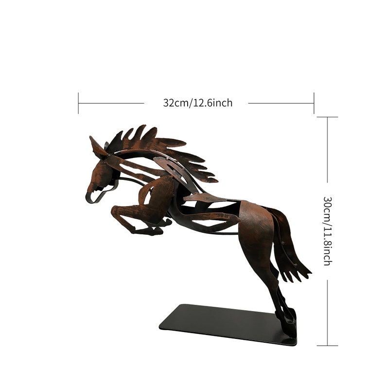 May include: A rusty brown metal sculpture of a horse leaping into the air. The horse is on a black metal base. The sculpture is 32 inches wide and 30 inches tall.
