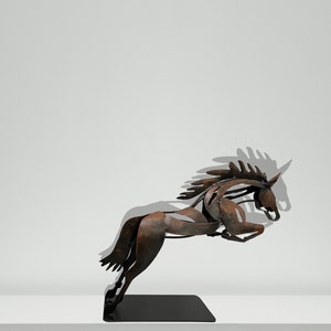 May include: A rusty brown metal sculpture of a horse leaping into the air. The horse is made of thin metal pieces that are welded together. The sculpture is on a black base.