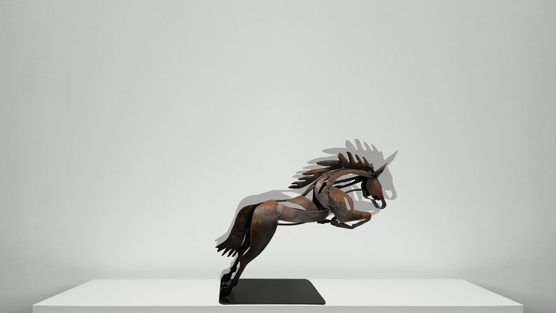 May include: A rusty brown metal sculpture of a horse leaping into the air. The horse is made of thin metal pieces that are welded together. The sculpture is on a black base.