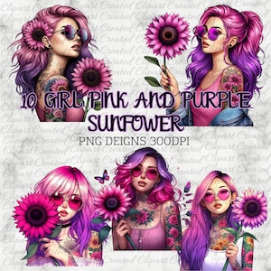 Girl With Pink Hair, Tattoos, Holding Pink Purple Sunflower, Sunflower Clipart,  Create Your Own Designs, Sublimation, Boho Girl