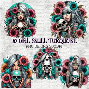 Girl Holding Skull Clip Art, Sunflower Clipart, Commercial Use Clip art, Create Your Own Designs, Sublimation, Girl With Tattoos Clipart