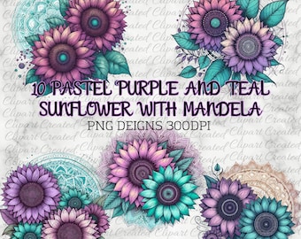 Pink Teal Sunflowers With Pastel Mandela, Commercial Use Clip art, Create Your Own Designs, Sublimation, Sunflower Clip Art Designs
