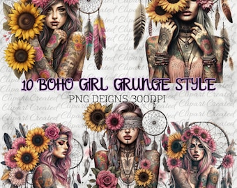 Boho Mädchen mit Traumfänger, Sonnenblume Clip Art, kommerzielle Nutzung Clip Art, erstellen Sie Ihre eigenen Designs, Sublimation, Boho Girl Art