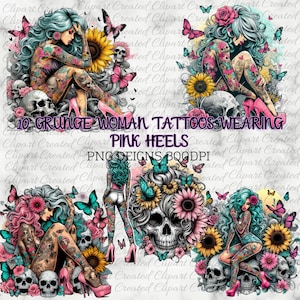 Pretty Girl With Heals And Skulls Clipart, Commercial Use Clip art, Create Your Own Designs, Sublimation, Tattooed Clip Art, Badass Designs
