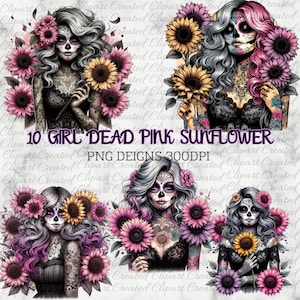 Skeleton Girl, Pink Pastel Sunflowers, Commercial Use, Clipart, Create Your Own Designs, Sublimation, Boho Girl, Tattooed Girl