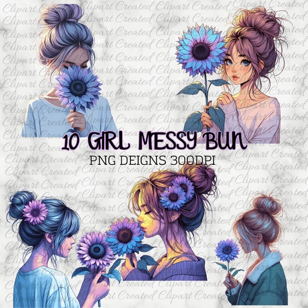 Girl With Hair In A Bun, Tattoos, Holding A Sunflower, Sunflower Clipart,  Create Your Own Designs, Sublimation, Boho Girl