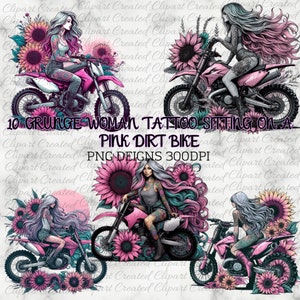 Girl With Tattoos On motor Bike, Pink Sunflowers, Commercial Use Clip art, Create Your Own Designs, Sublimation, Sunflower Clip Art Designs