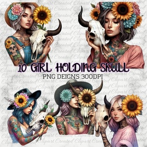 Girl WithBull Skull Clip Art, Sunflower Clipart, Commercial Use Clip art, Create Your Own Designs, Sublimation, Boho Girl  Clipart