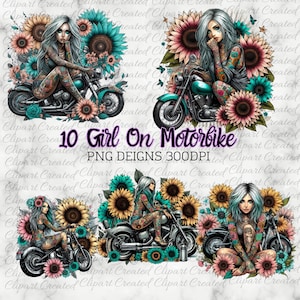 Girl On A Motorbike, Pastel Hair, Commercial Use Clip art, Create Your Own Designs, Sublimation, Badass Clipart, Teal and Pink Sunflowers