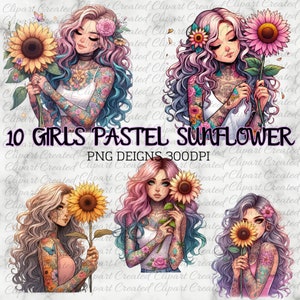 Girl With Pastel Sunflowers, Sunflower Clip Art, Commercial Use, Create Your Own Designs, Digital Art, Sublimation, Girl With Tattoos  Art