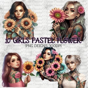 Tattoo Girl Holding Sunflower, Sunflower Clipart, Commercial Use Clip art, Create Your Own Designs, Sublimation, Boho Girl  Clipart