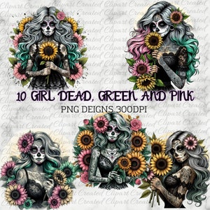 Skeleton Girl, Pastel Sunflowers, Commercial Use, Clip art, Create Your Own Designs, Sublimation, Boho Girl, Tattooed Girl