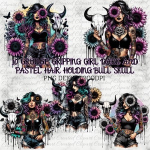 Girl Holding Bull Skull, Dripping Sunflowers, Commercial Use Clip art, Create Your Own Designs, Sublimation, Lady With Tattoos, Badass Art