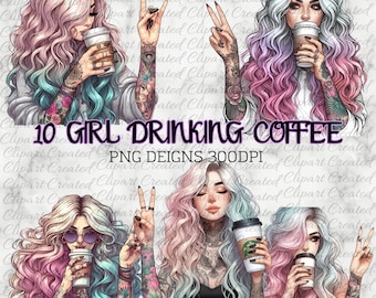 Girl Drinking Coffee, Pastel Hair, Clip Art Commercial Use, Create Your Own Designs,  Digital Art, Sublimation PNG, Boho Png Designs