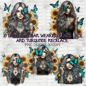 Girl With Teal Butterfly, Commercial Use Clip art, Create Your Own Designs, Sublimation, Boho Girl, Yellow Sunflower, Tattoo Girl Png