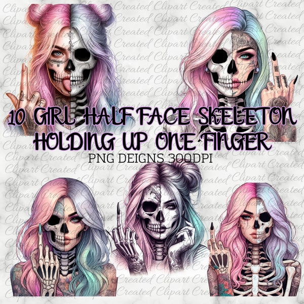 Skelett-Mädchen, Pastellhaar, kommerzielle Nutzung ClipArt, erstellen Sie Ihre eigenen Designs, Sublimation, Boho-Mädchen, Rude Finger Png