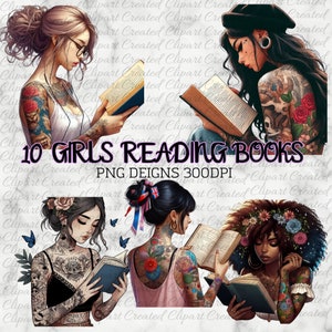 Tattoo Girl  Reading A Book, Sunflower Clipart, Commercial Use Clip art, Create Your Own Designs, Sublimation, Boho Girl  Clipart